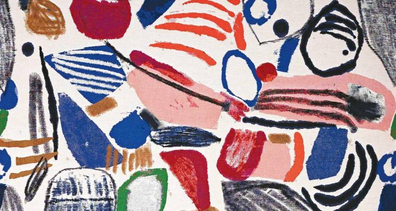 Zoom sur la toile du peintre pierre frey du canapé modulable TOGO ligne roset à Nîmes proche de Montpellier